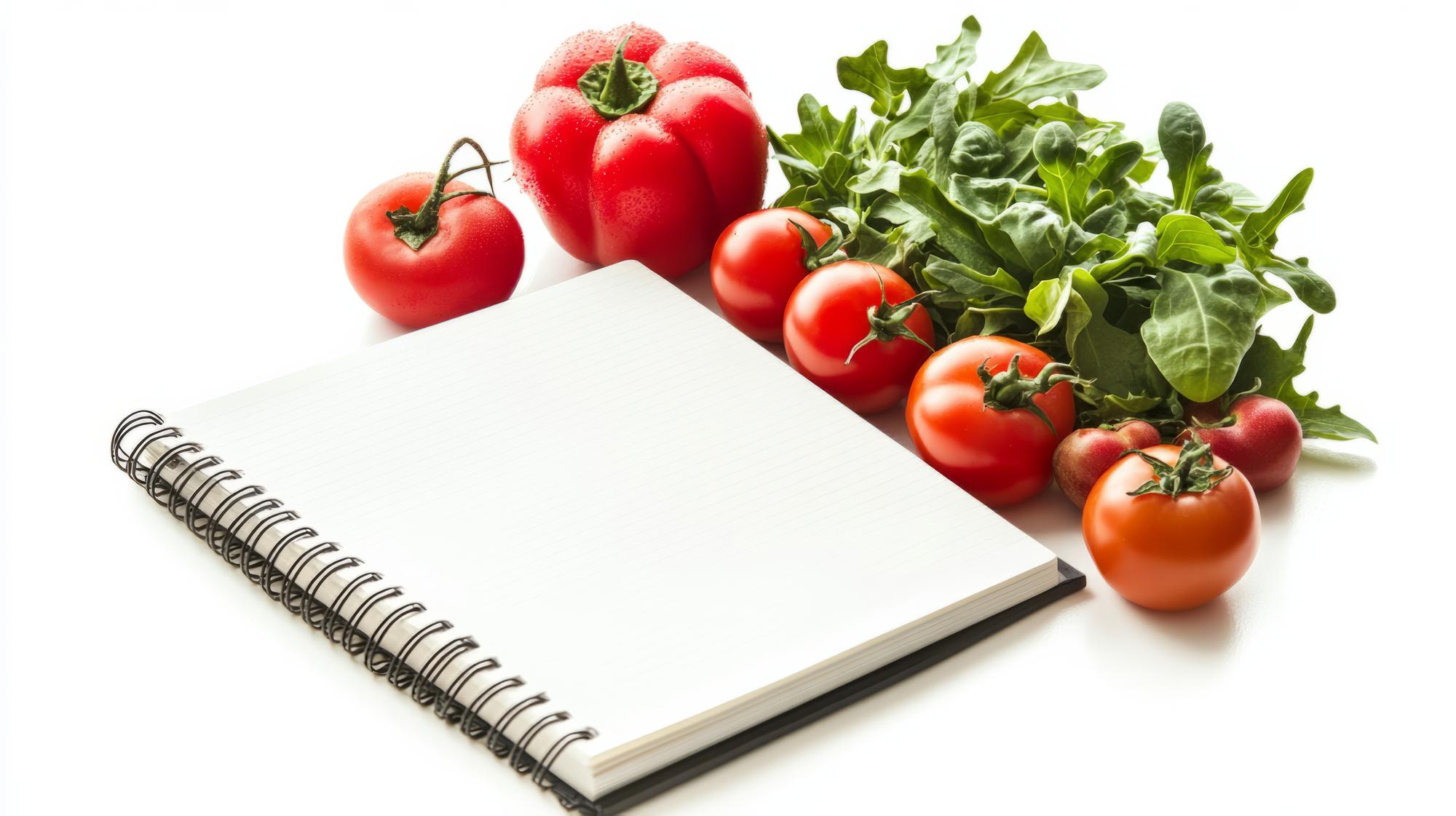Workshop table with vegetables and notebooks
